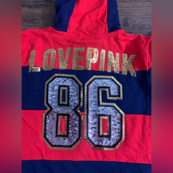 PINK VS STRIPE RED/ BLUE 86 BLING HOODIE L - Picture 4 of 5